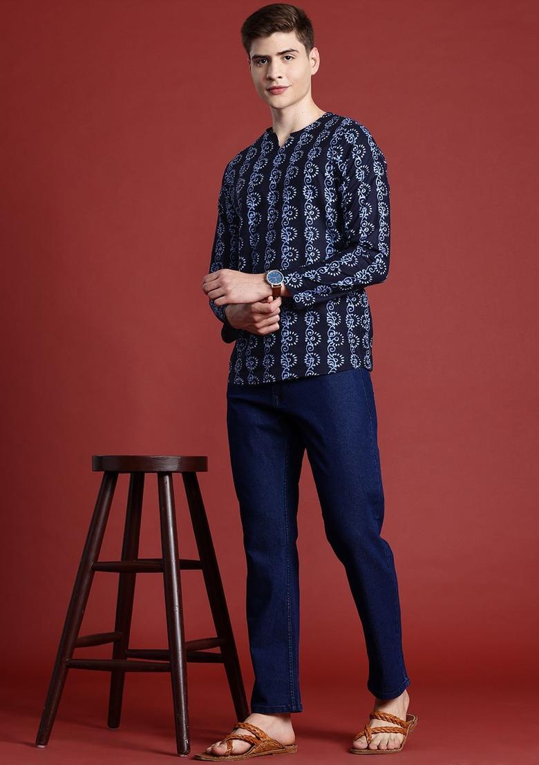 Blue Printed Cotton Kurta For Men - Indya
