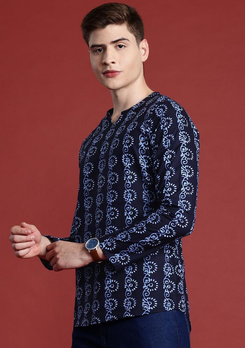 Blue Printed Cotton Kurta For Men - Indya