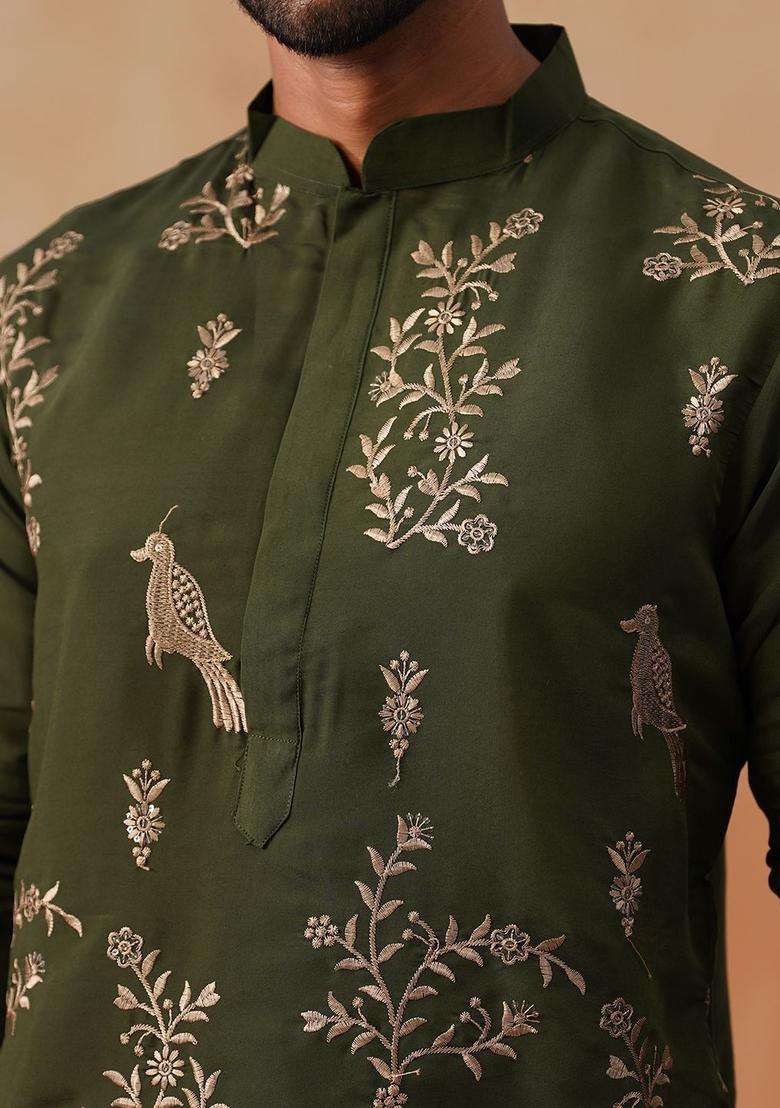 Olive Woven Design Cotton Kurta For Men - Indya