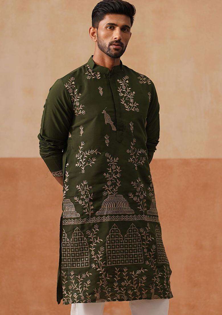 Olive Woven Design Cotton Kurta For Men - Indya