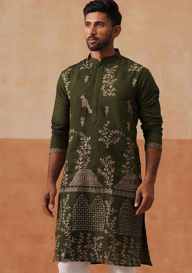 Olive Woven Design Cotton Kurta For Men - Indya
