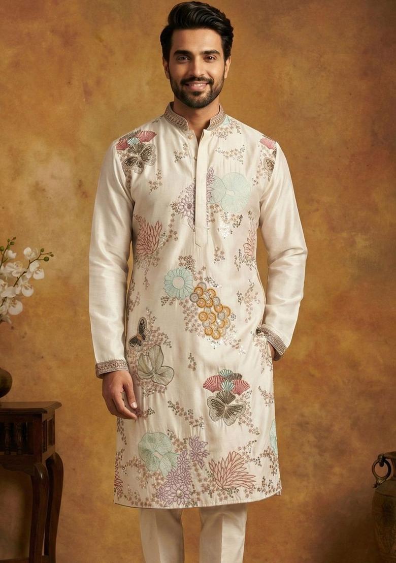 White Embroidered Silk Kurta For Men - Indya