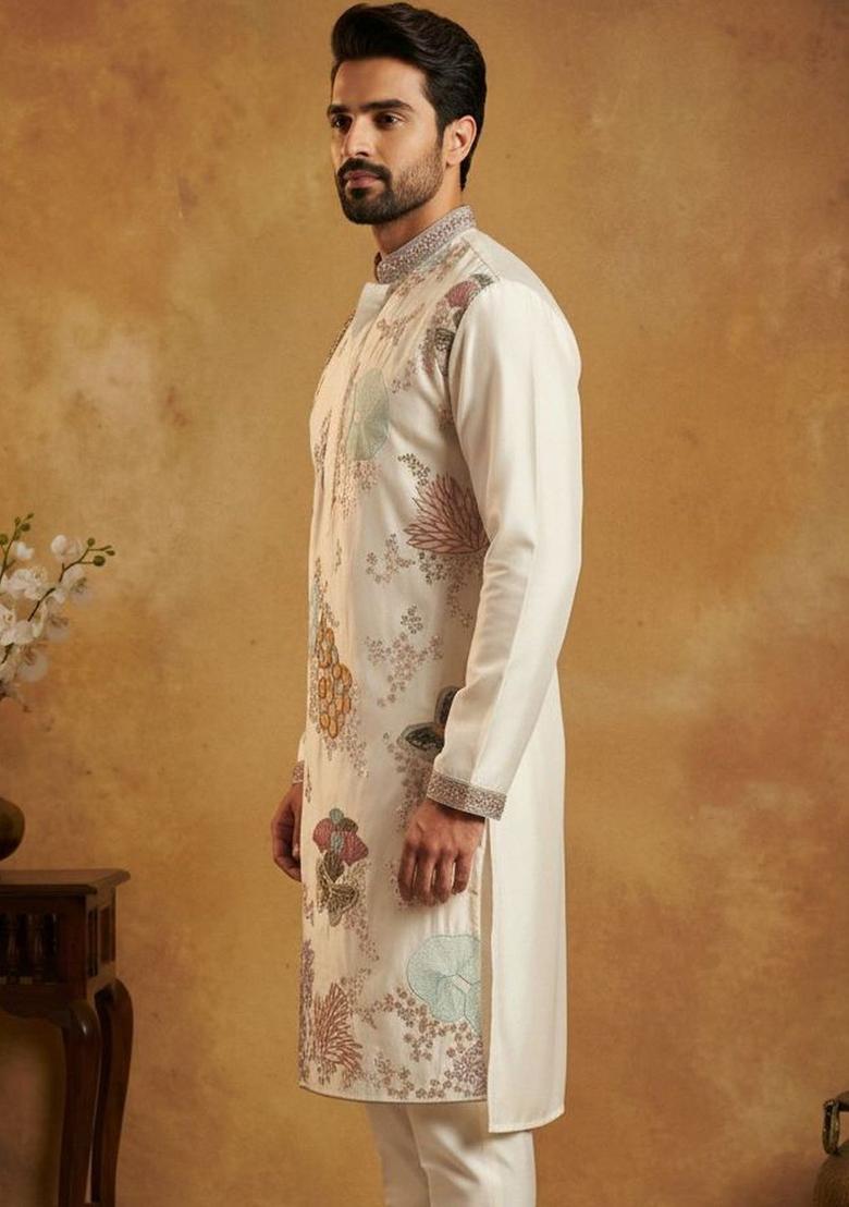 White Embroidered Silk Kurta For Men - Indya