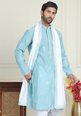 Blue Embroidered Silk Blend Kurta With Dupatta For Men