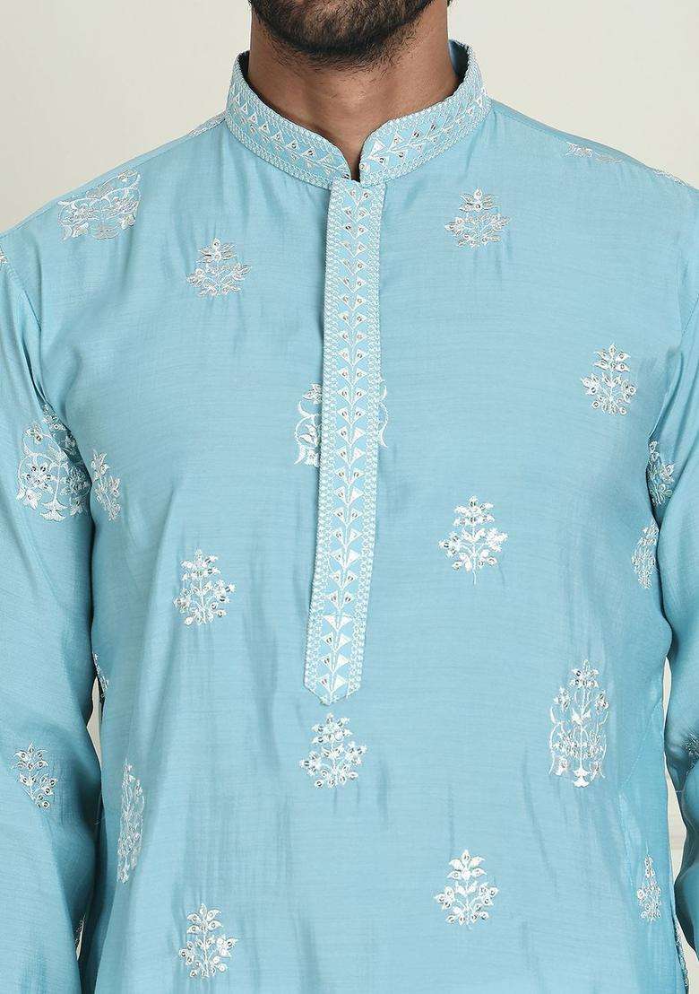 Blue Embroidered Silk Blend Kurta With Dupatta For Men - Indya