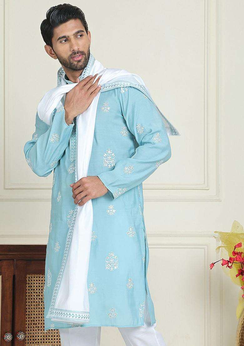 Blue Embroidered Silk Blend Kurta With Dupatta For Men - Indya