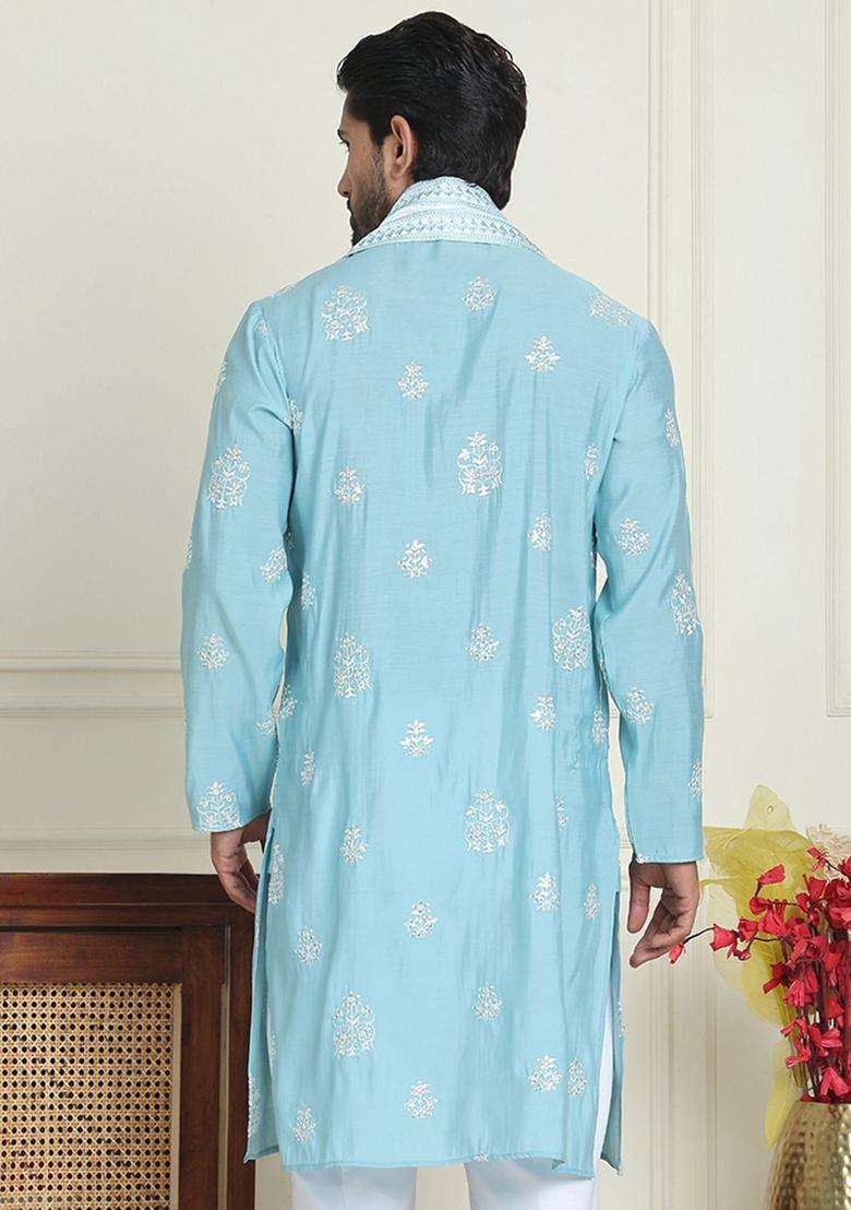 Blue Embroidered Silk Blend Kurta With Dupatta For Men - Indya