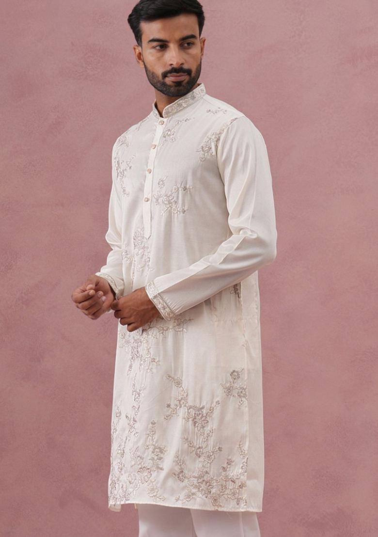White Embroidered Silk Kurta For Men - Indya