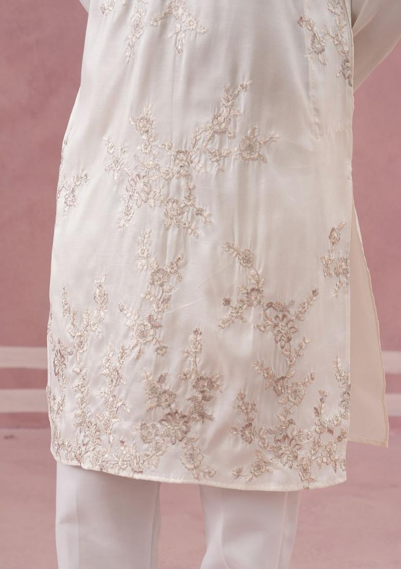 White Embroidered Silk Kurta For Men - Indya