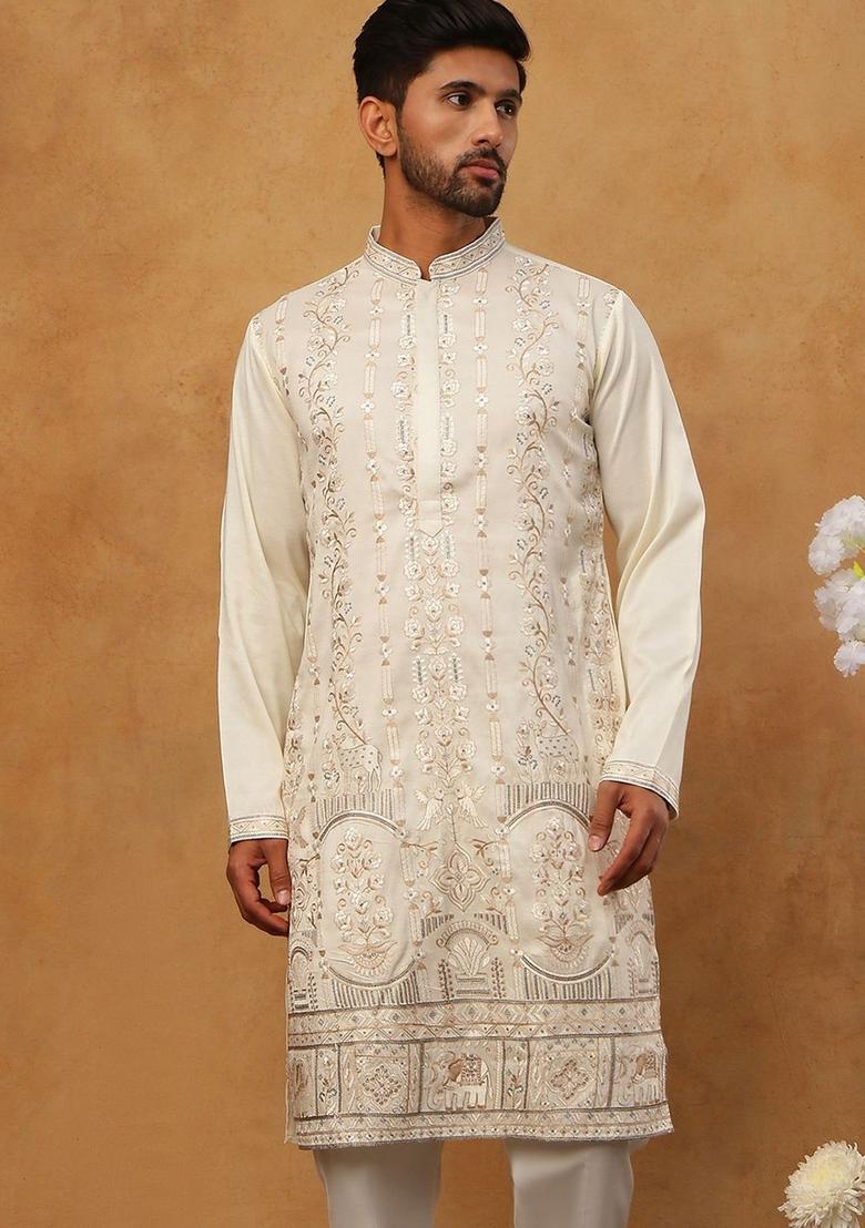 White Embroidered Silk Kurta For Men - Indya