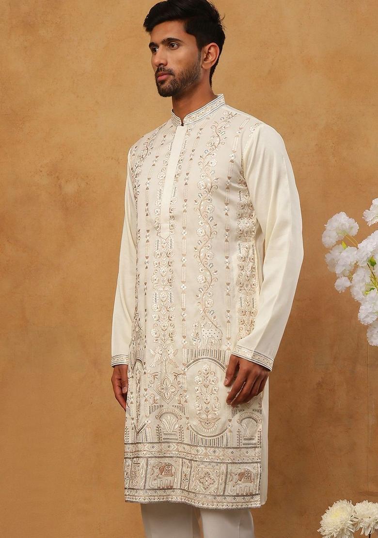 White Embroidered Silk Kurta For Men - Indya