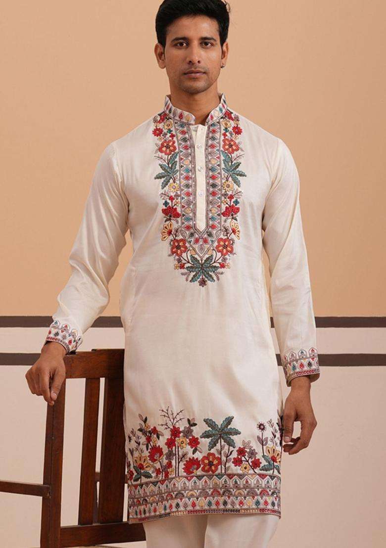 White Embroidered Silk Blend Kurta For Men - Indya