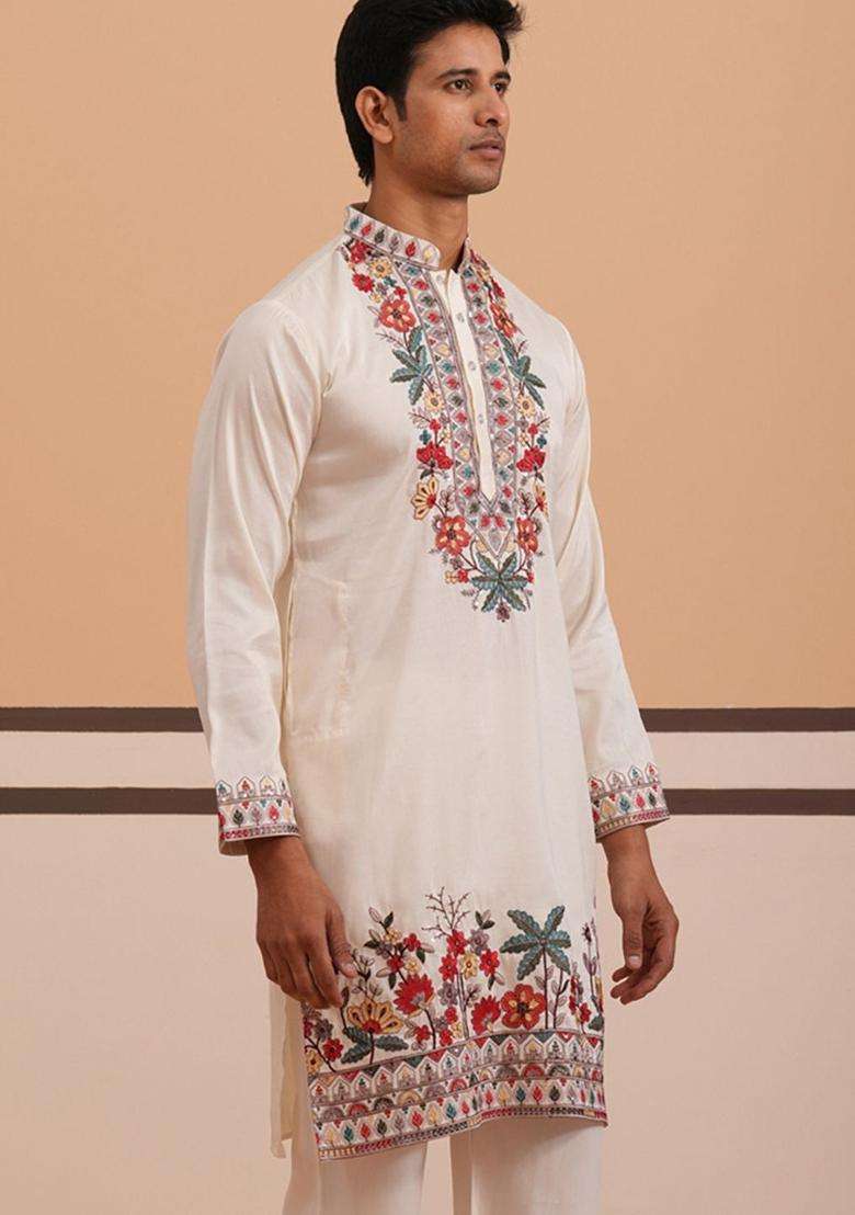 White Embroidered Silk Blend Kurta For Men - Indya