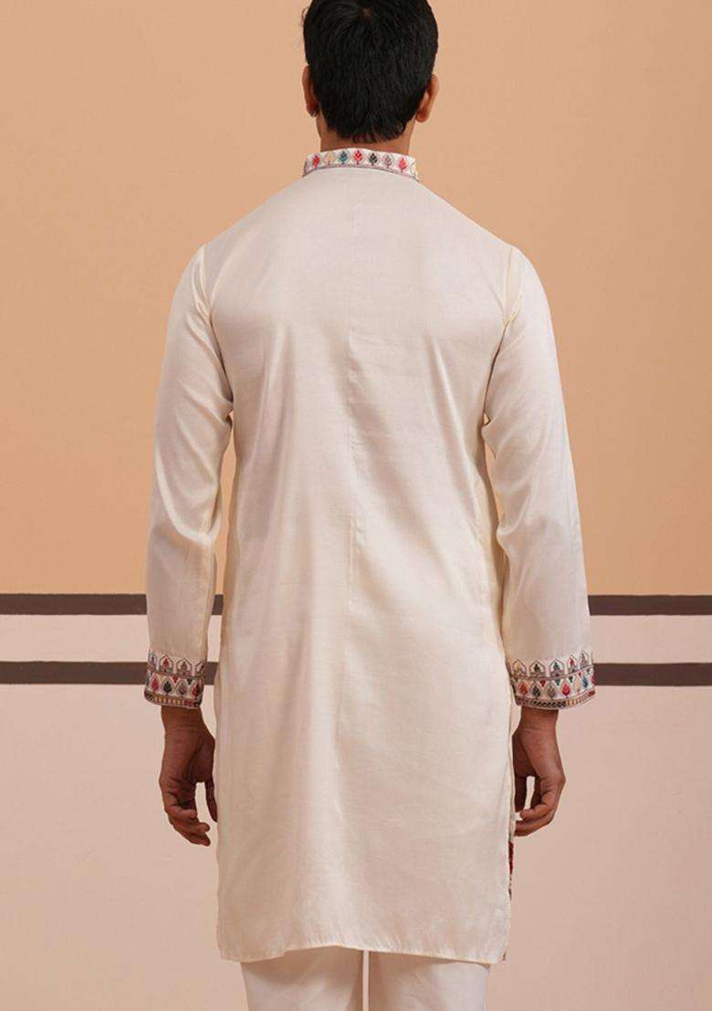 White Embroidered Silk Blend Kurta For Men - Indya