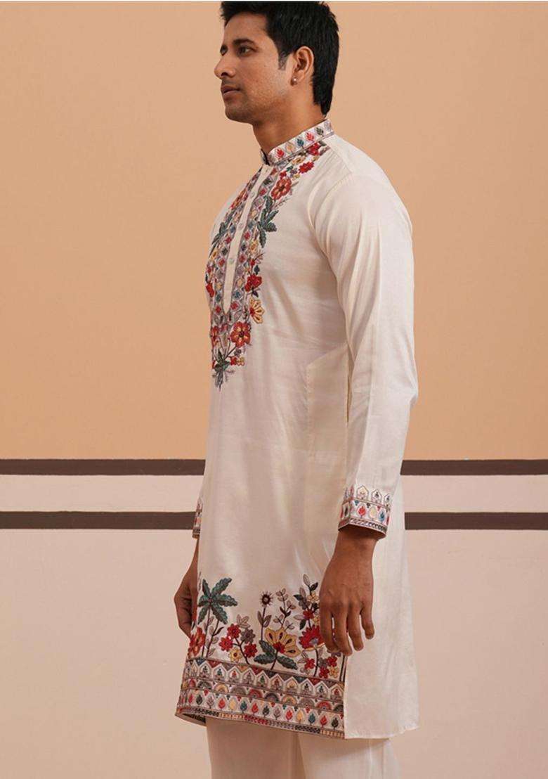 White Embroidered Silk Blend Kurta For Men - Indya