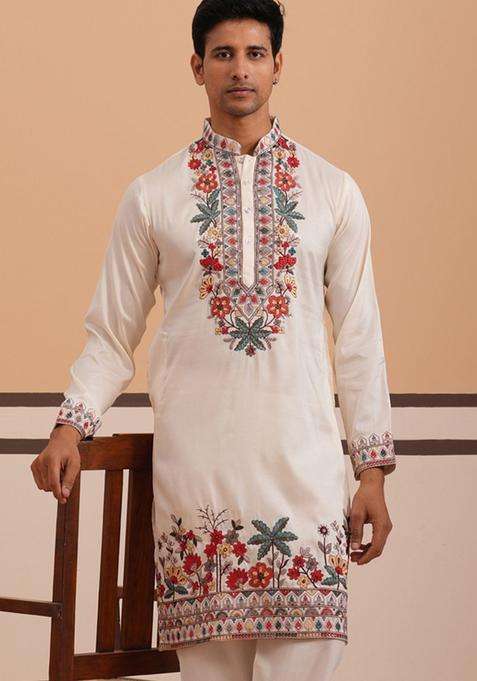 White Embroidered Silk Blend Kurta For Men