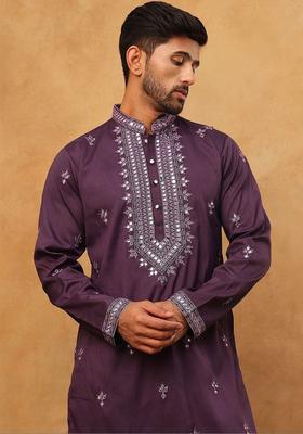 Purple Embroidered Silk Kurta For Men