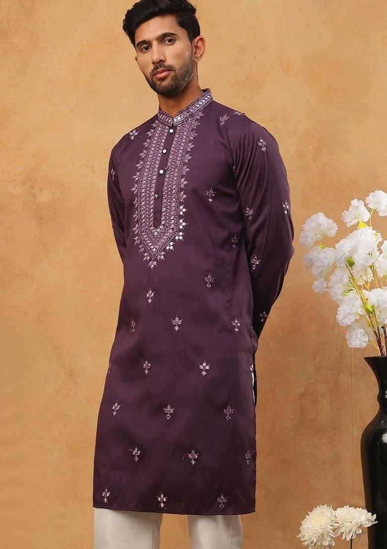 Purple Embroidered Silk Kurta For Men - Indya
