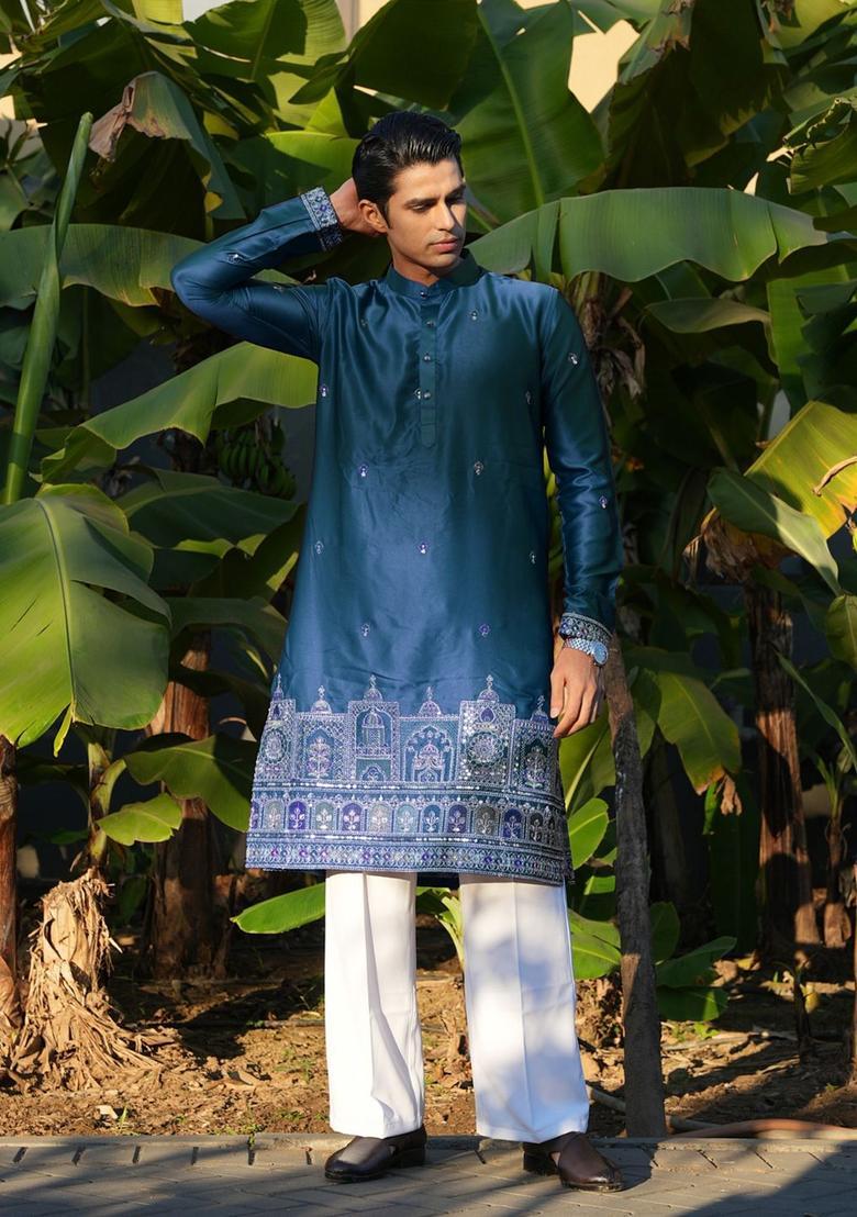 Blue Woven Design Cotton Kurta For Men - Indya
