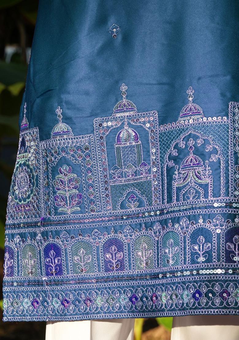 Blue Woven Design Cotton Kurta For Men - Indya