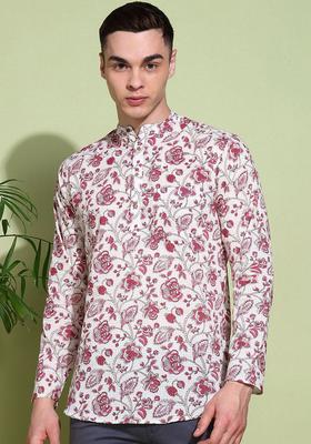Pink Printed Cotton Kurta For Men