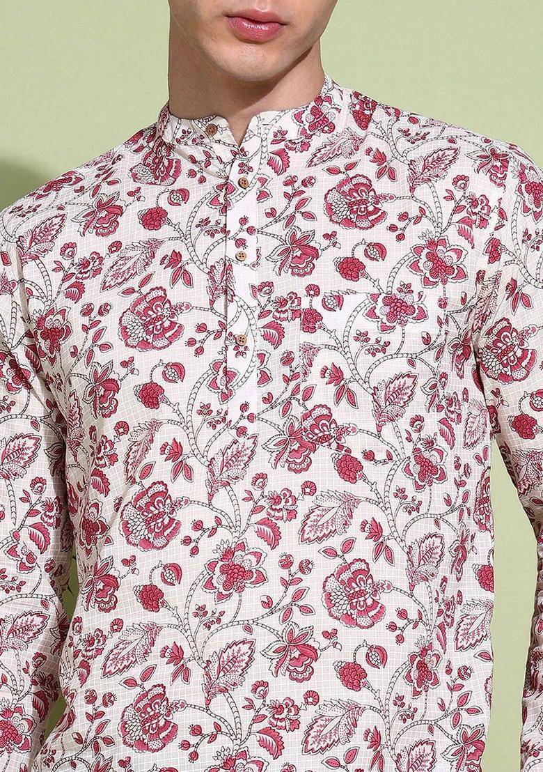Pink Printed Cotton Kurta For Men - Indya