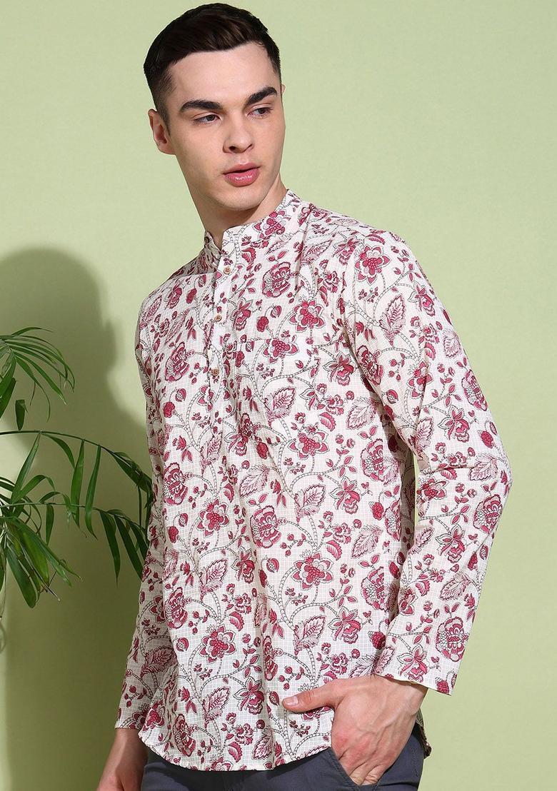 Pink Printed Cotton Kurta For Men - Indya