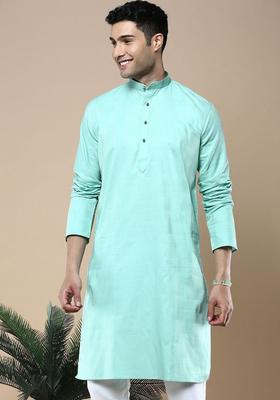 Green Woven Design Silk Kurta For Men