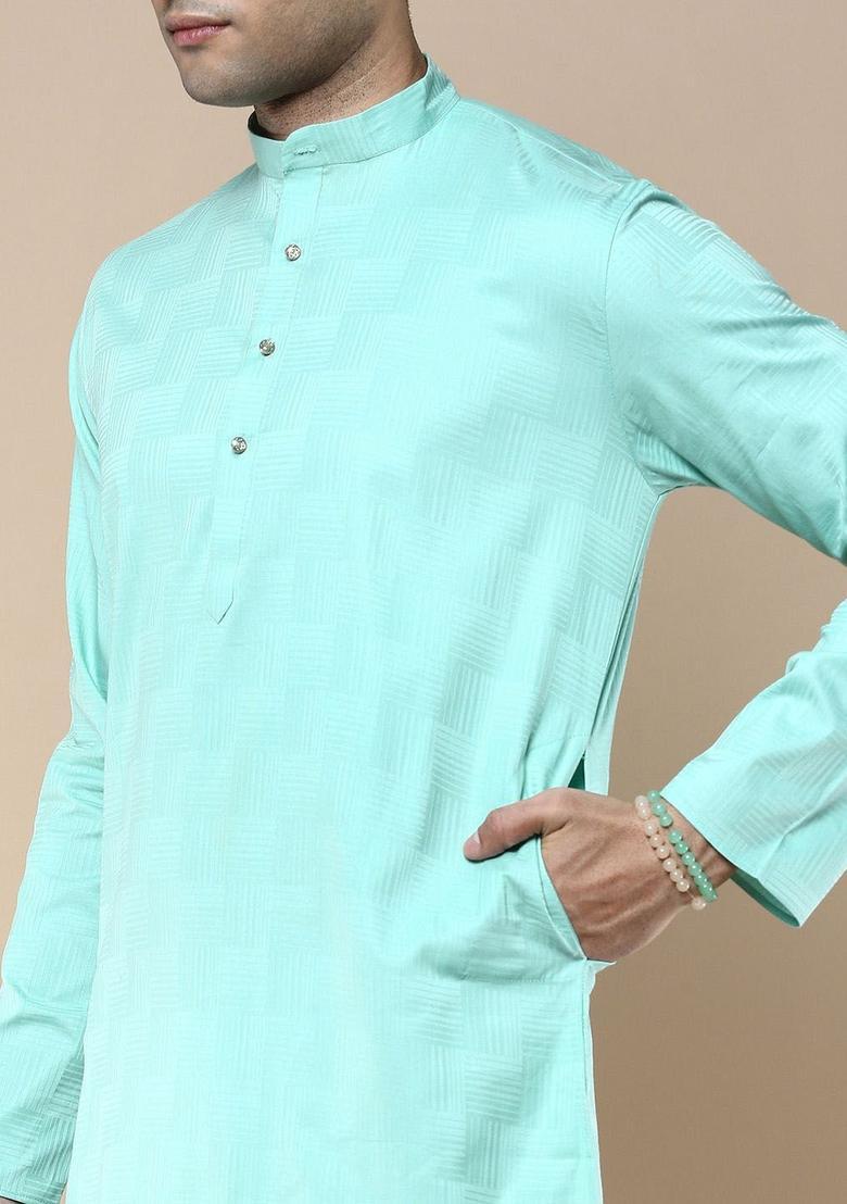 Green Woven Design Silk Kurta For Men - Indya