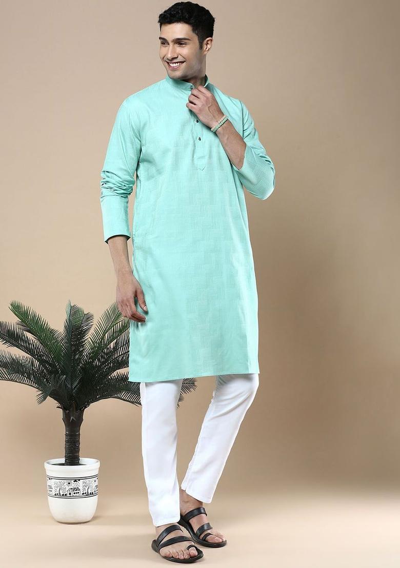 Green Woven Design Silk Kurta For Men - Indya