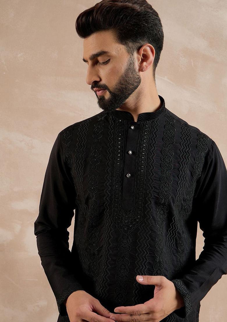 Black Embroidered Silk Kurta For Men - Indya