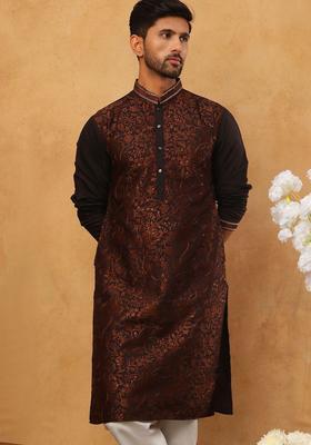 Brown Embroidered Silk Kurta For Men