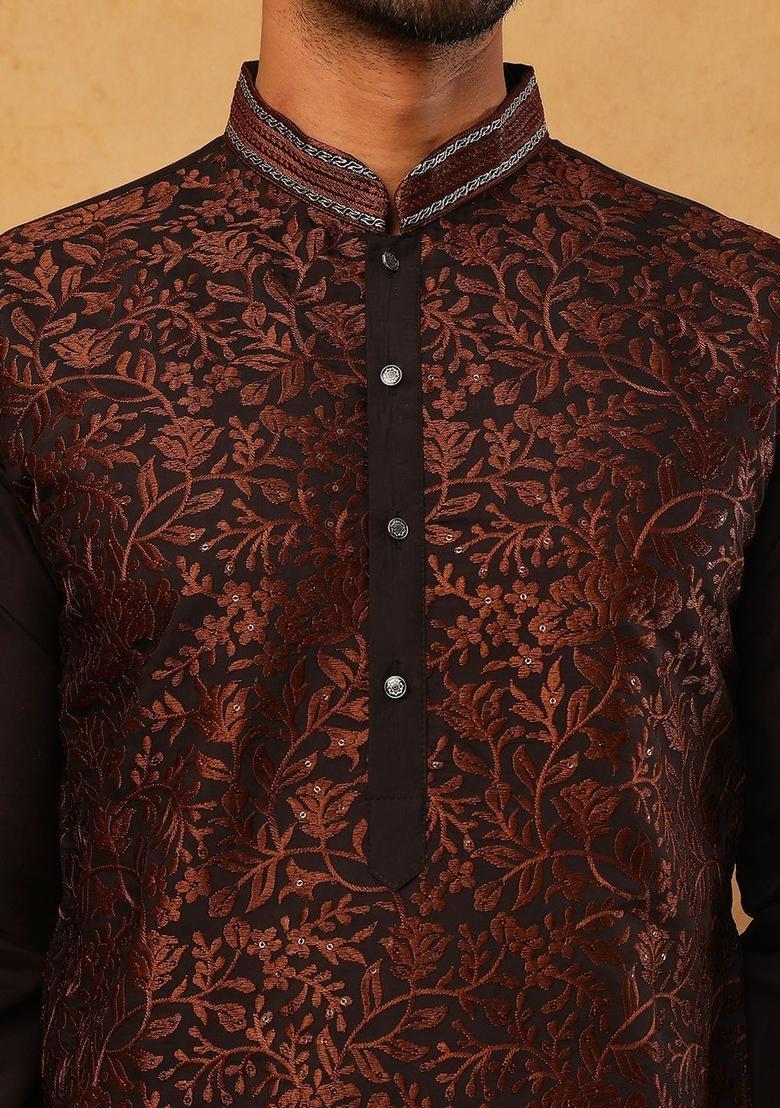 Brown Embroidered Silk Kurta For Men - Indya