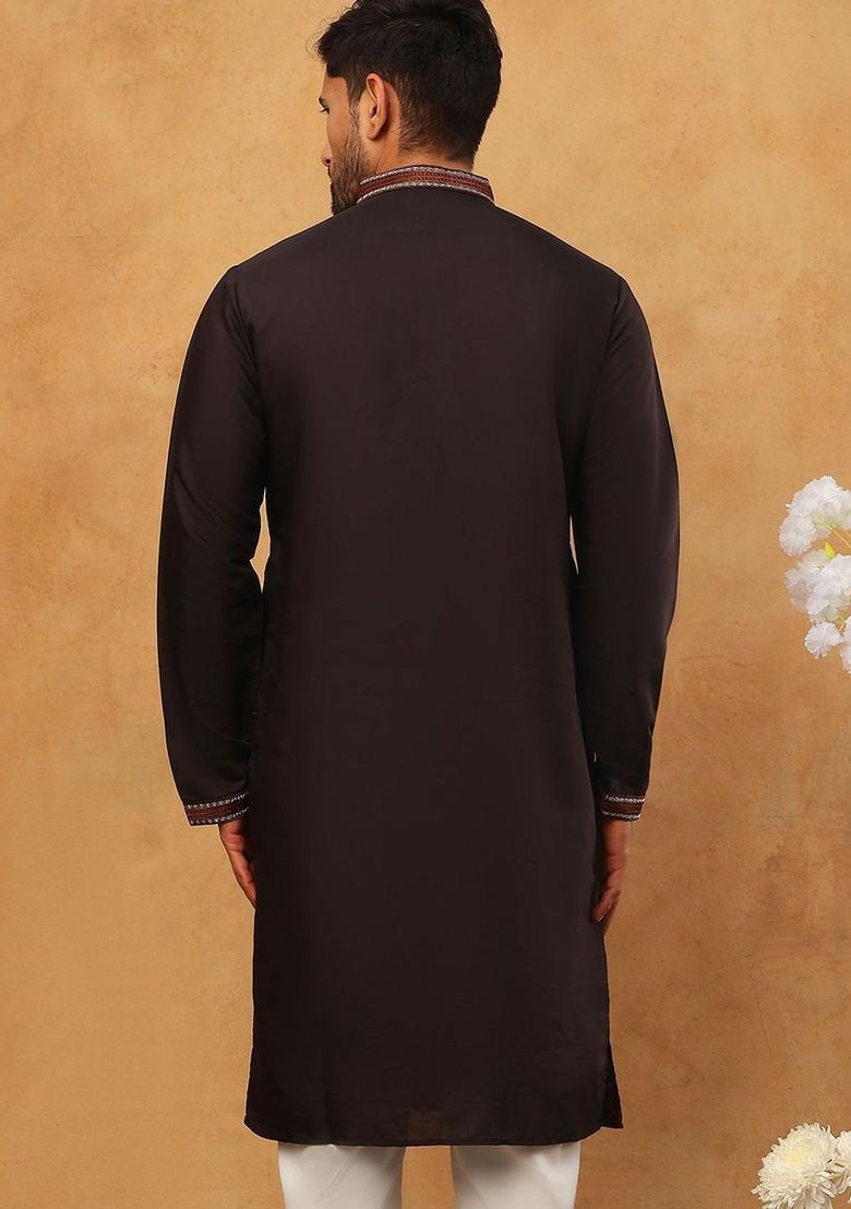 Brown Embroidered Silk Kurta For Men - Indya