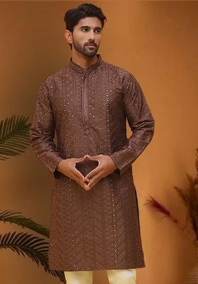 Brown Embroidered Silk Kurta For Men