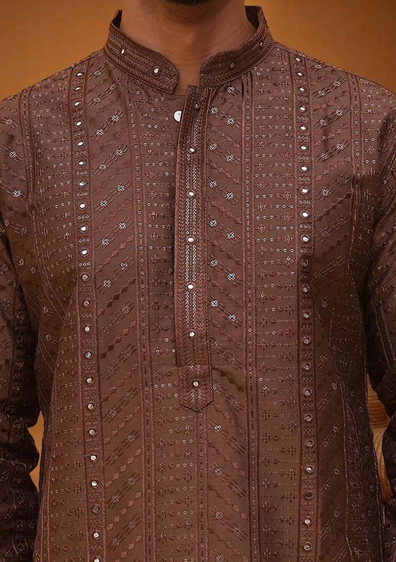 Brown Embroidered Silk Kurta For Men - Indya