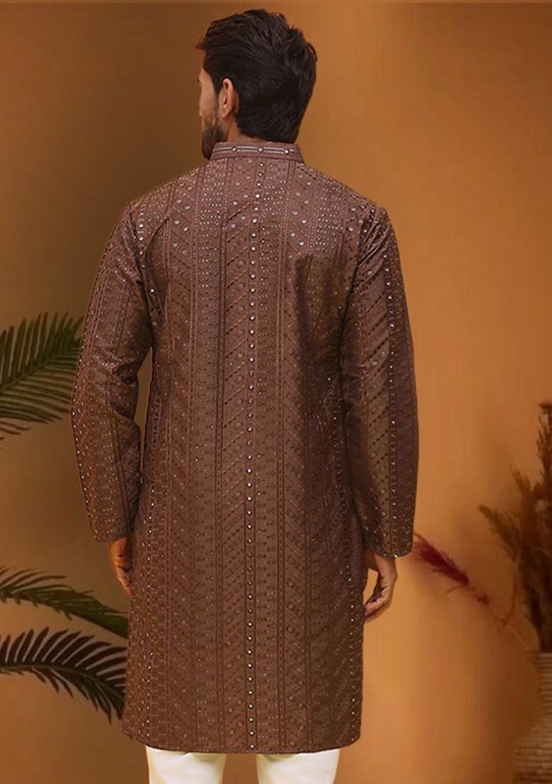 Brown Embroidered Silk Kurta For Men - Indya