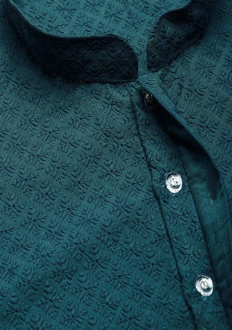 Green Embroidered Cotton Kurta For Men - Indya