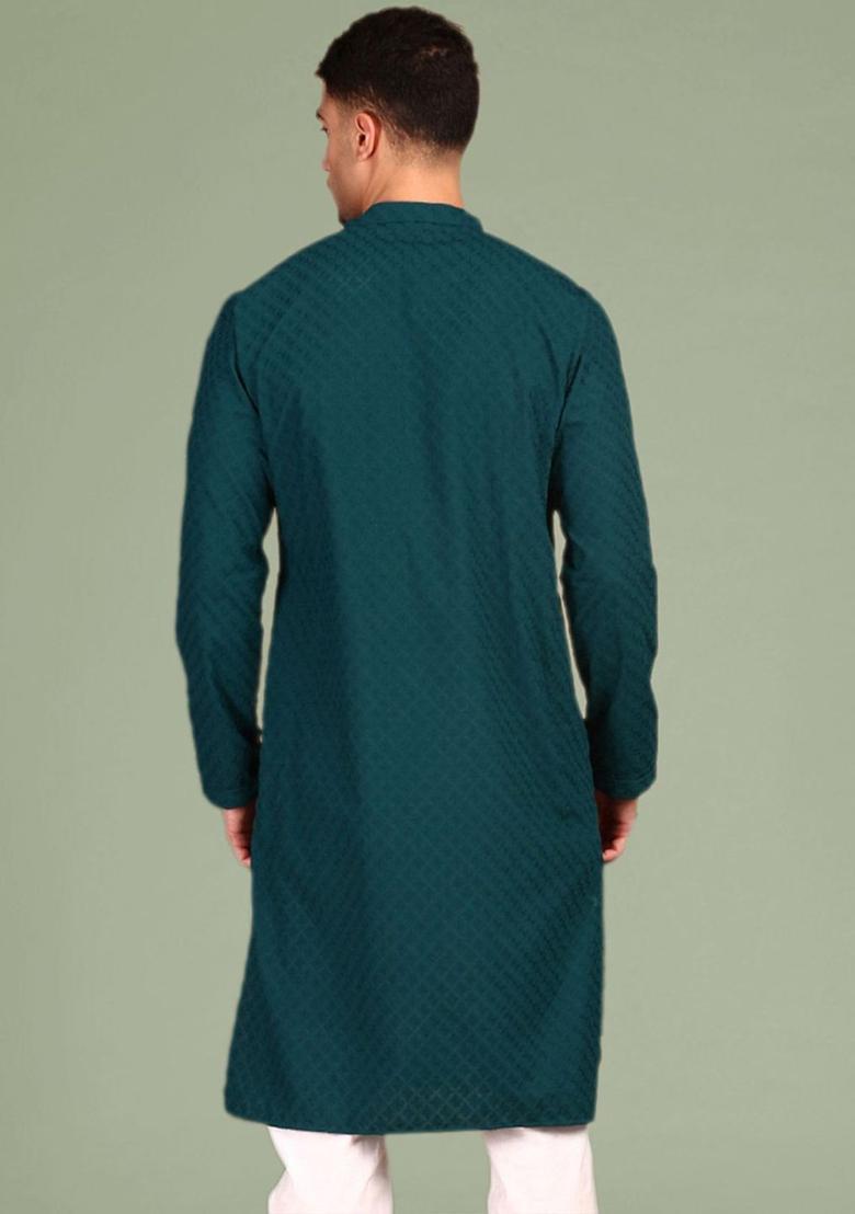 Green Embroidered Cotton Kurta For Men - Indya