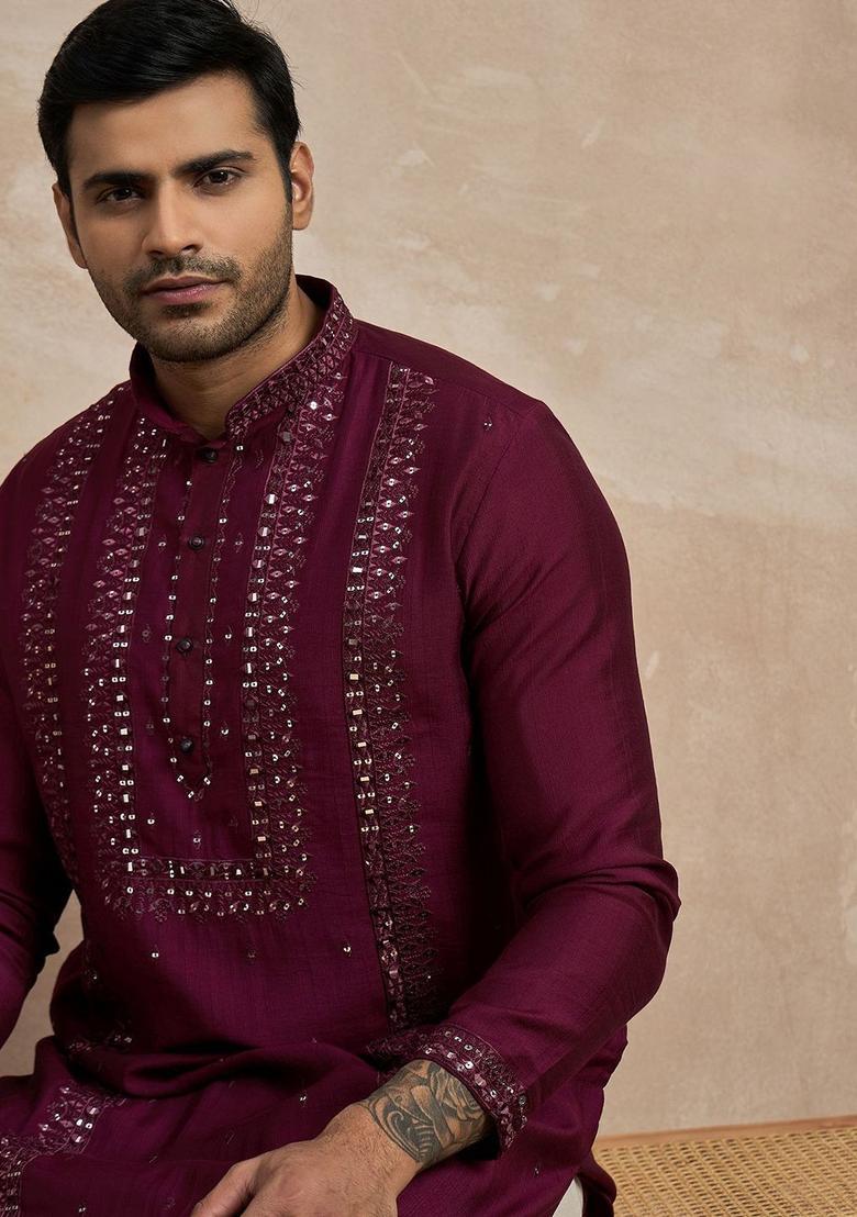 Purple Embroidered Viscose Kurta For Men - Indya