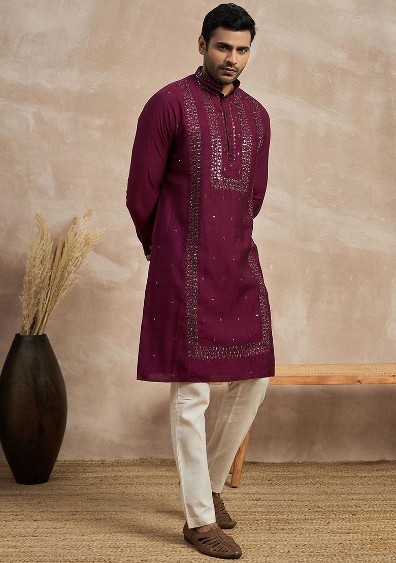 Purple Embroidered Viscose Kurta For Men - Indya