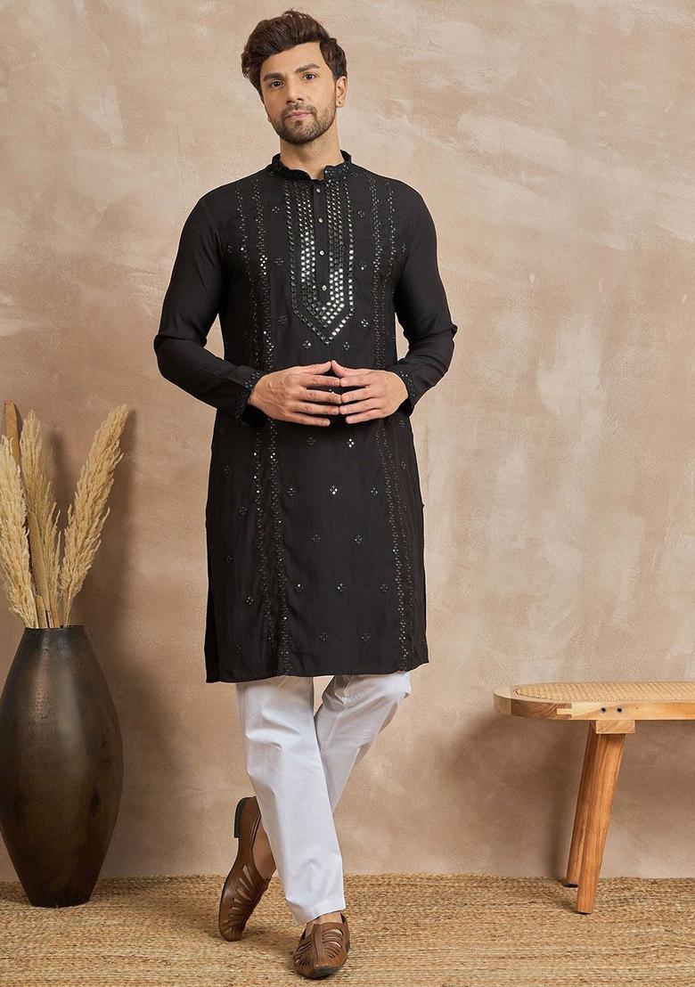 Black Embroidered Viscose Kurta For Men - Indya