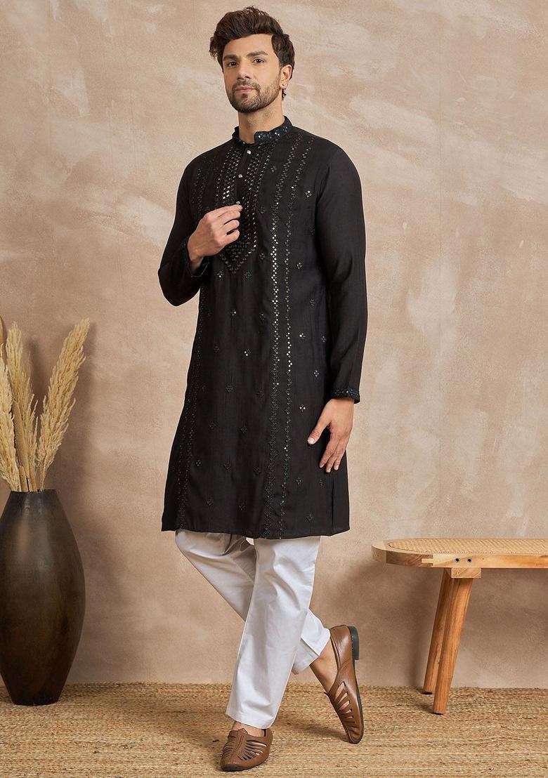 Black Embroidered Viscose Kurta For Men - Indya