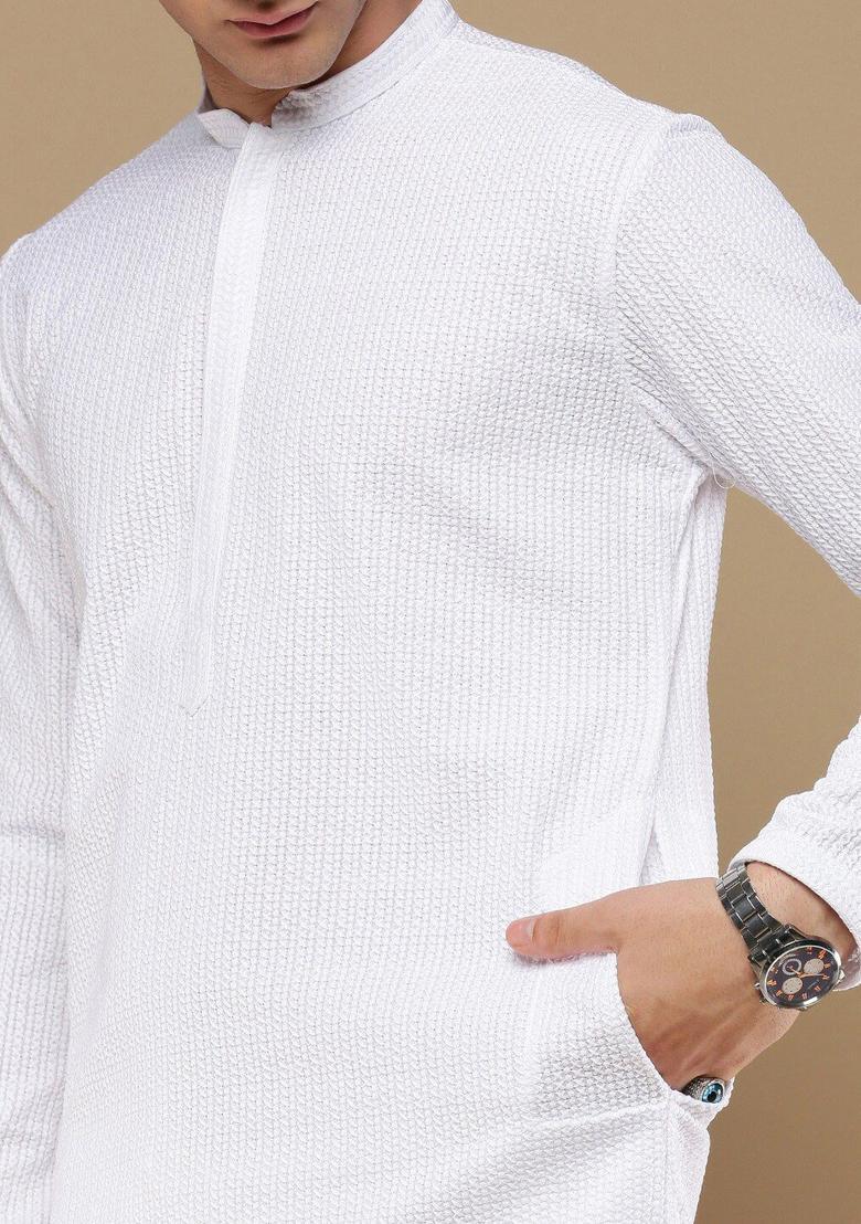 White Embroidered Cotton Kurta For Men - Indya