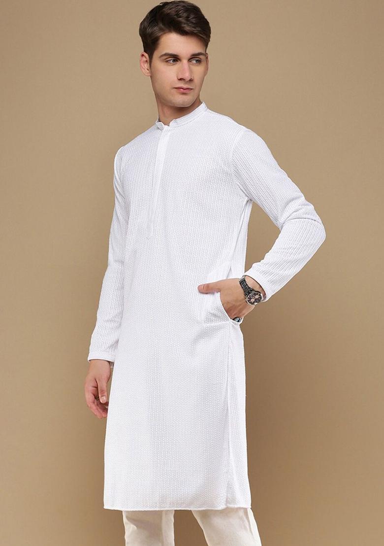 White Embroidered Cotton Kurta For Men - Indya