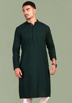 Green Woven Design Cotton Kurta For Men