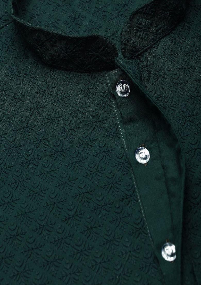 Green Woven Design Cotton Kurta For Men - Indya