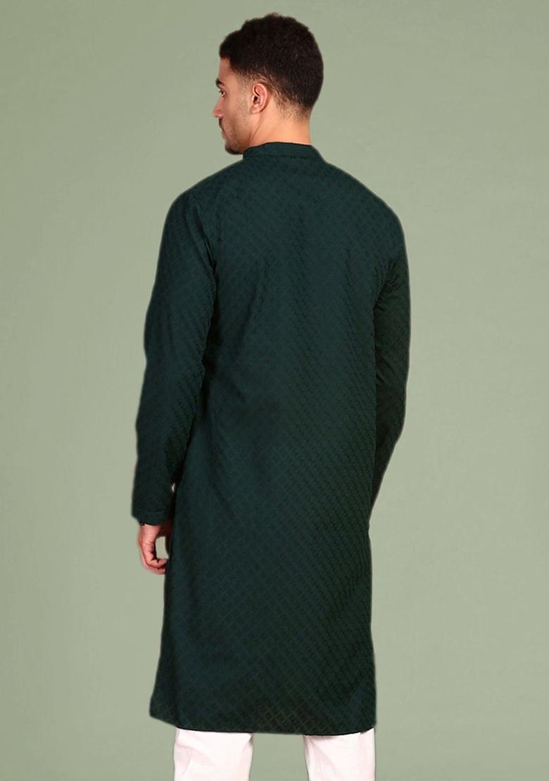 Green Woven Design Cotton Kurta For Men - Indya