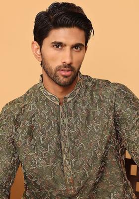 Olive Embroidered Silk Kurta For Men