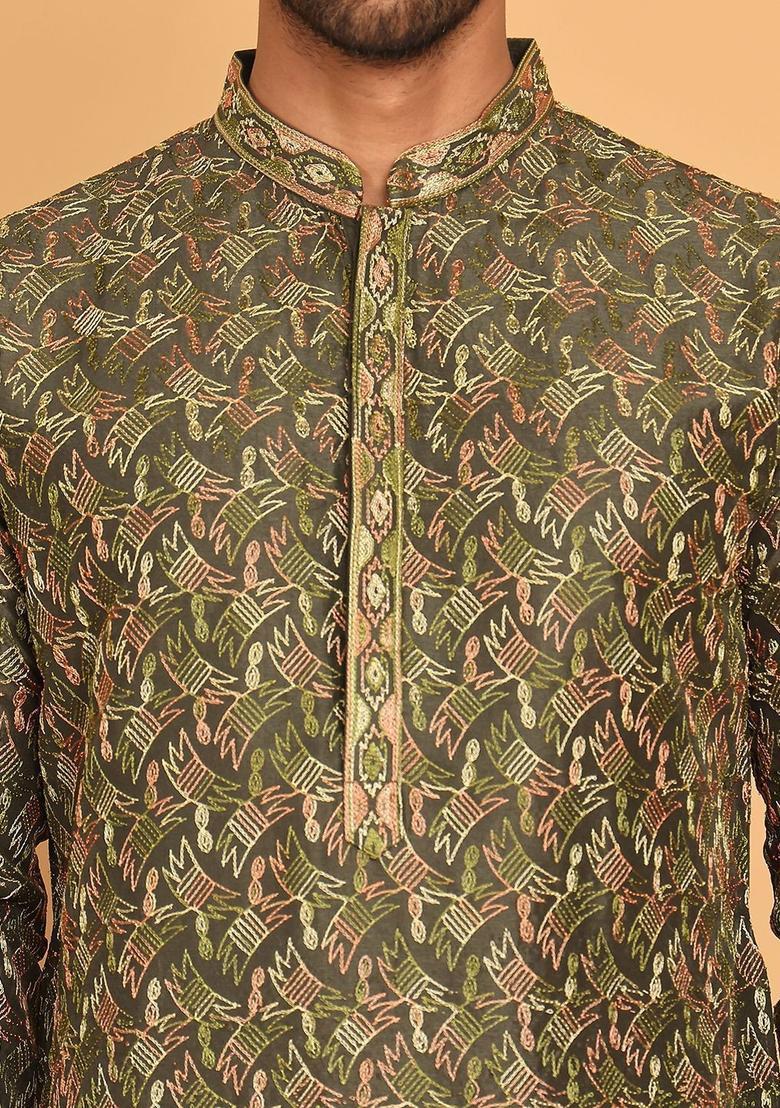 Olive Embroidered Silk Kurta For Men - Indya